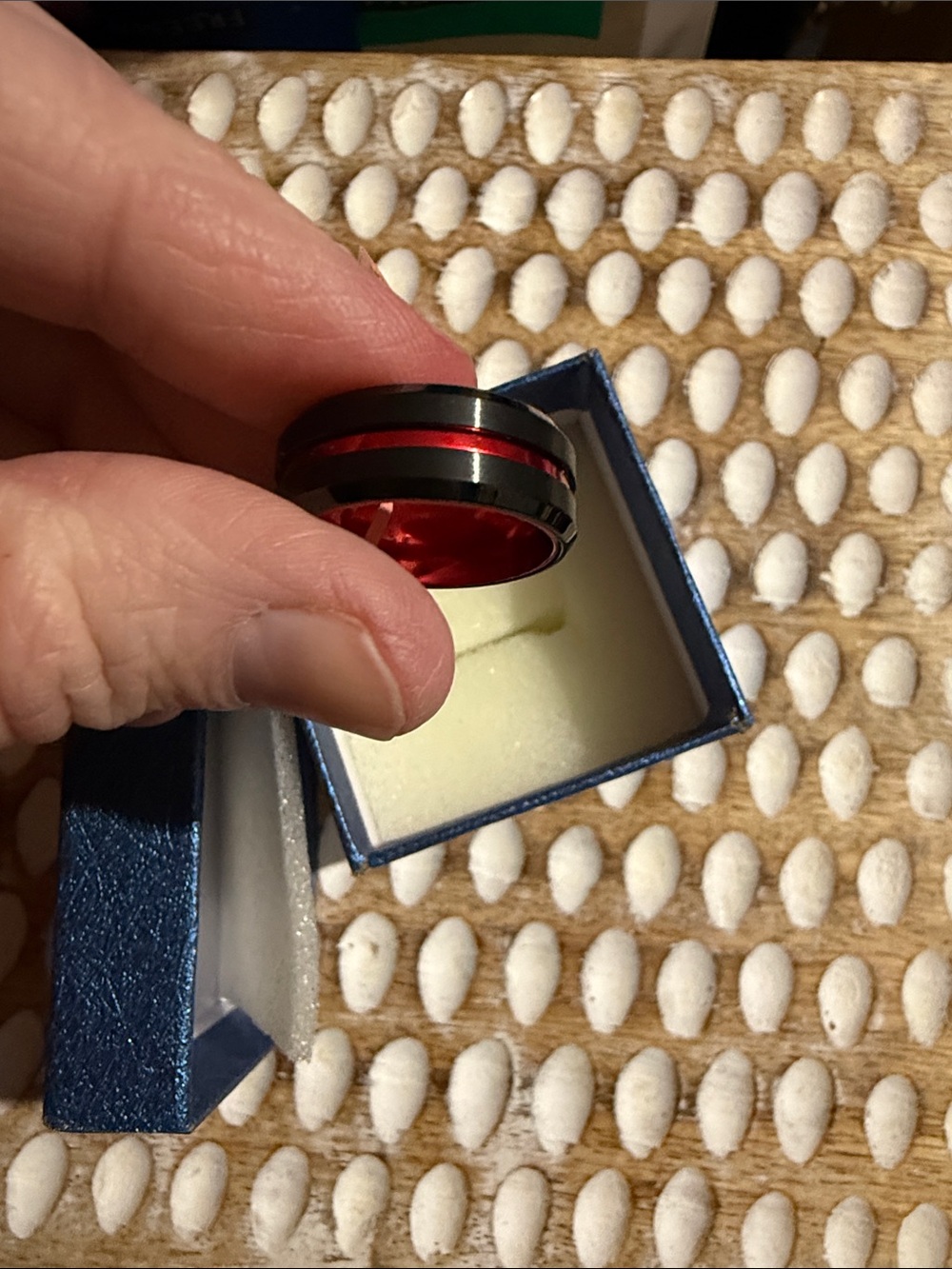Band ring in Ion plated black/red stainless steel comes in a nice ring box